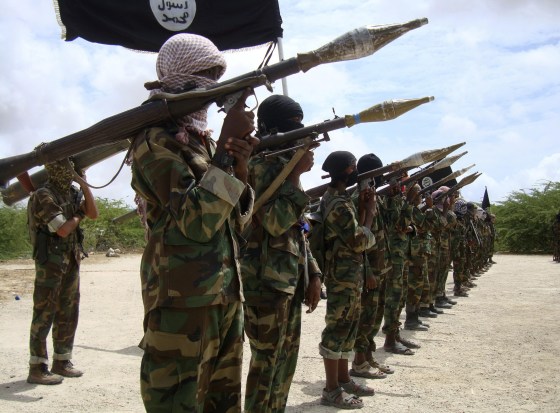 Image: Al Shabaab militants parade new recruits after arriving in Mogadishu, Somalia, on Oct. 21, 2010.