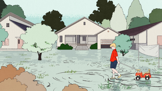 Illustration of child walking on a flooded street.