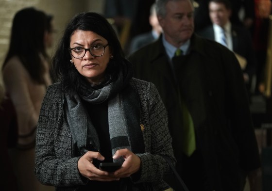 Image: Rep. Rashia Tlaib leaves a caucus meeting at the Capitol on Jan. 9, 2019.