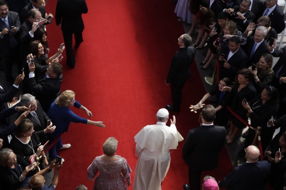 Image: Pope Francis arrives for a meeting with Panamanian President Juan Carlos Varela and his wife, Lorena Castillo, at Bolivar Palace in Panama City on Jan. 24, 2019.