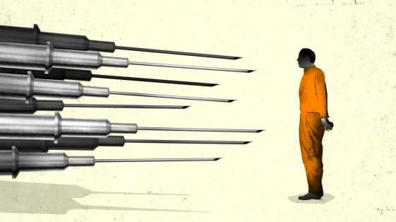 Illustration of IV needles pointing at an inmate.