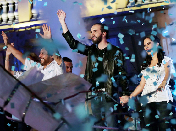 Image: Nayib Bukele and his wife, Gabriela de Bukele, celebrate at an election night event in San Salvador, El Salvador, on Feb. 4, 2019.