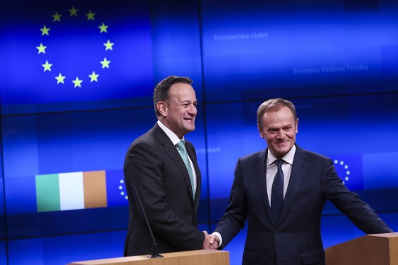 Image: Irish Prime Minister Leo Varadkar, left, shakes hands with European Council President Donald Tusk