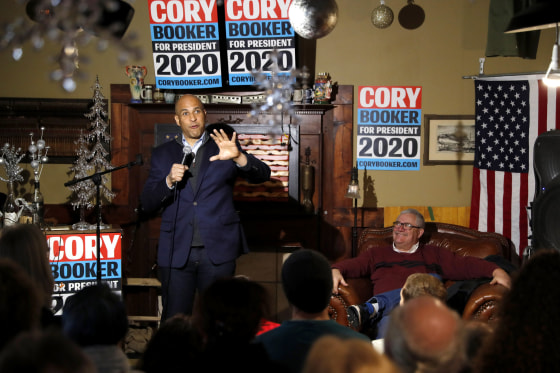 Image: Sen. Cory Booker, D-NJ, speaks at a meet and greet with locals in Marshalltown, Iowa, on Feb. 9, 2019.