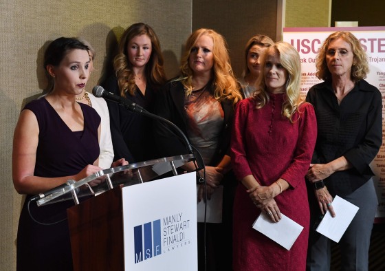 Image: A group of current and former USC students who are survivors of alleged sexual assault by gynecologist Dr. George Tyndall speak out during a press conference