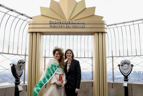 Image: Helena Barquet and Fabiana Faria following their Valentine's Day wedding ceremony at the Empire State Building in New York on Feb. 14, 2019.