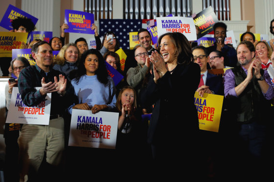 Image: Sen. Kamala Harris, D-Calif., takes the stage during a campaign event in Portsmouth, New Hampshire, on Feb. 18, 2019.