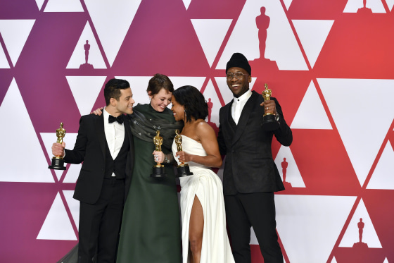 Image: Rami Malek, Olivia Colman, Regina King and Mahershala Ali celebrate their Academy Award wins at the Oscars on Feb. 24, 2019.