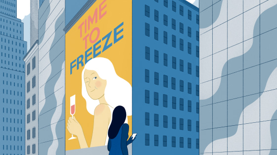 Illustration of woman in front of a sign advertising egg freezing.