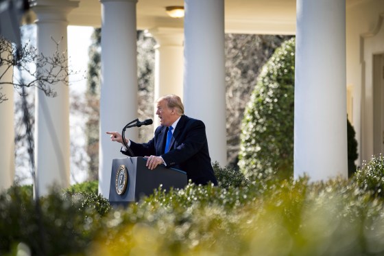 Image: President Donald Trump formally declares a national emergency to fund his border wall, at the White House in Washington.