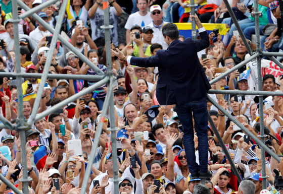 Image: Venezuelan opposition leader Juan Guaido greets supports at a rally against President Nicolas Maduro in Caracas on March 4, 2019.
