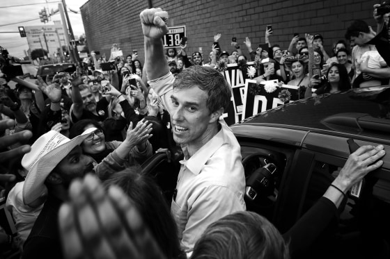 Image: Rep. Beto O'Rourke, D-Texas, pumps his fist before departing a campaign rally in Austin, Texas, on Nov. 1, 2018.