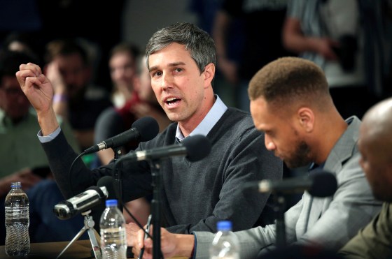 Image: Democratic 2020 presidential candidate Beto O'Rourke speaks during the recording of the \"Political Party Live\" podcast during a three day road trip across Iowa