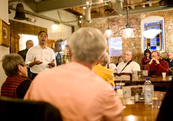 Image: Democratic candidate for president Julian Castro speaks at an event hosted by the Boone County Democrats in Iowa on Feb. 23, 2019.
