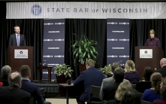 Image: Wisconsin Supreme Court candidates Brian Hagedorn and Lisa Neubauer meet for a debate at the State Bar Center in Madison on March 15, 2019.