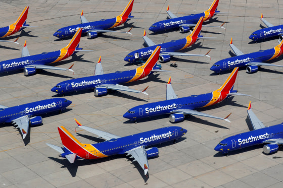 Image: Grounded Southwest Airlines Boeing 737 Max 8 aircraft at the Victorville Airport in California on March 26, 2019.
