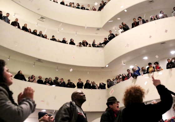 Image: Photographer Nan Goldin and her organization, Prescription Addiction Intervention Now (P.A.I.N.) lead a protest at the Solomon R. Guggenheim Museum against its funding from the Sackler family in New York on Feb. 9, 2019.