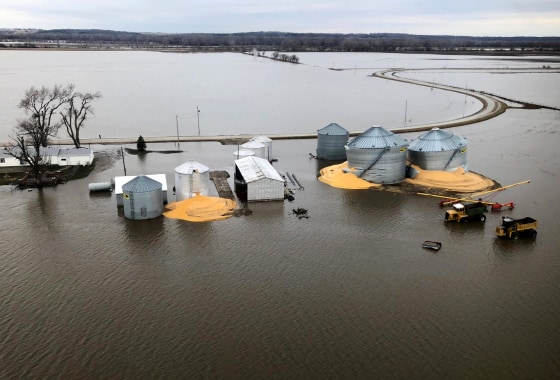 Image: Grain silos that burst from flood damage in Fremont County, Iowa, on March 29, 2019.