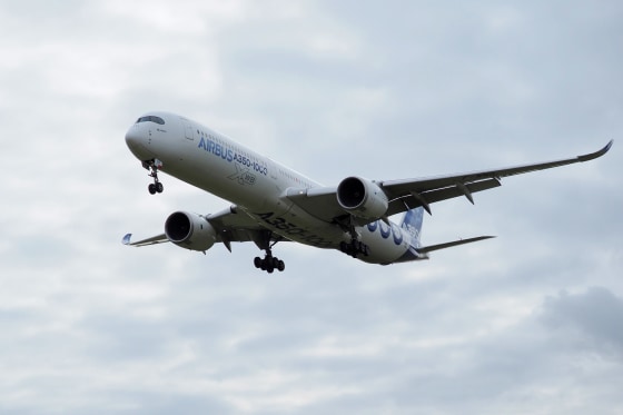 Image: An Airbus A350-1000 conducts a test flight over Chateauroux airport, central France.