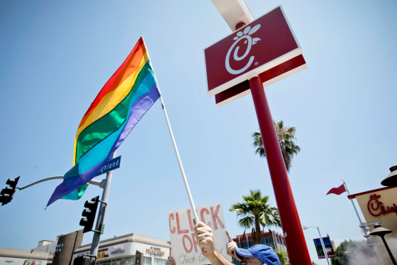 Image: PETA and the LGBT community protest outside of a Chick-fil-A in Hollywood, California, on Aug. 1, 2012.