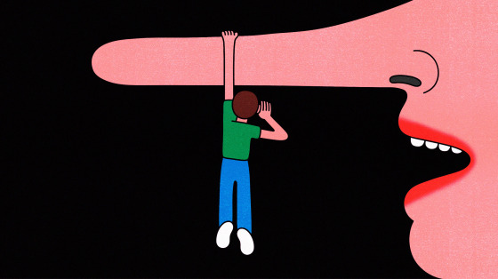 Illustration of man hanging from a pinnochio nose.