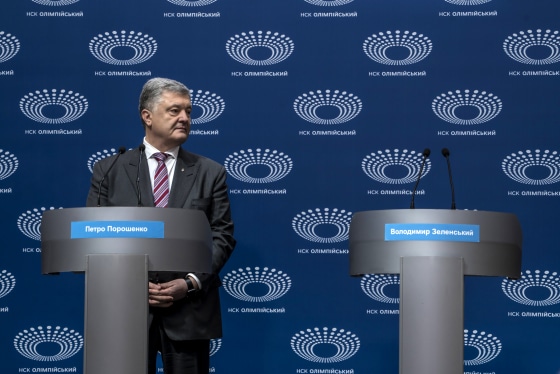 Image: Ukrainian President Petro Poroshenko holds a news conference at Olympiskiy Stadium in Kiev on April 14, 2019.