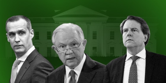 Photo illustration of Corey Lewandowski, Jeff Sessions, and Dan McGahn.