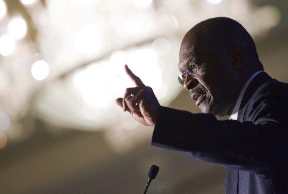 Republican presidential candidate Cain makes a point at a Northern Virginia Technology Council meeting in McLean
