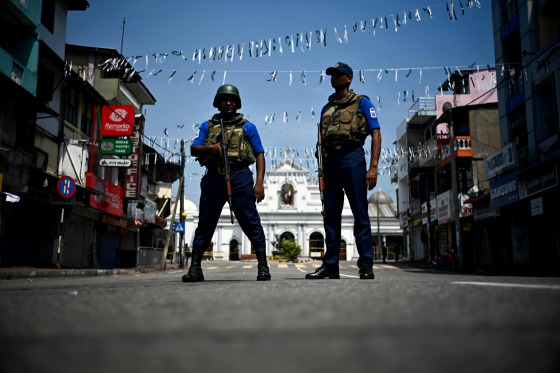 Image: Security personnel stand guard near St. Anthony's Shrine three days after a series of bombs killed over 300 people in Sri Lanka on April 24, 2019.
