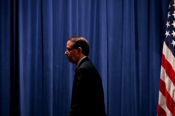Image: Deputy Attorney General Rod Rosenstein leaves a news conference at the Department of Justice on July 13, 2018.