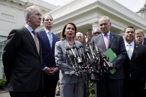 Image: Speaker of the House Nancy Pelosi and Senate Minority Leader Sen. Chuck Schumer talk to reporters after meeting with President Donald Trump at the White House on April 30, 2019.