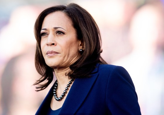 Image: Sen. Kamala Harris, D-Calif., looks on during a rally launching her presidential campaign in Oakland, California, on Jan. 27, 2019.