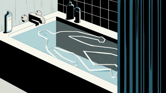 Illustration of crime scene body silhouette tape inside a bathtub.