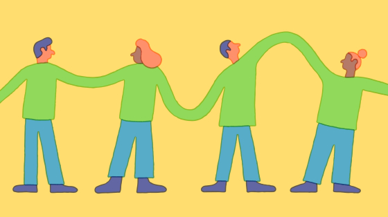 Illustration of group of people looking at each other as their sweater connect.