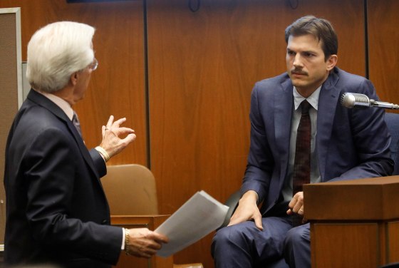 Image: Daniel Nardoni, defence attorney, questions actor Ashton Kutcher at the murder trial of accused serial killer Michael Thomas Gargiulo in Los Angeles
