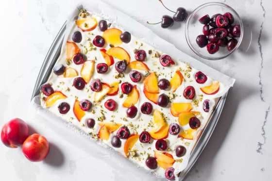 This cherry peach yogurt bark is a protein-packed treat that will help you fuel up for summer fun.