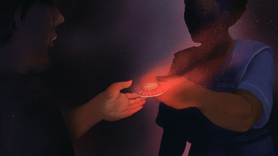 Illustration of nurse handing a woman a birth control packet as the packet disintegrates.