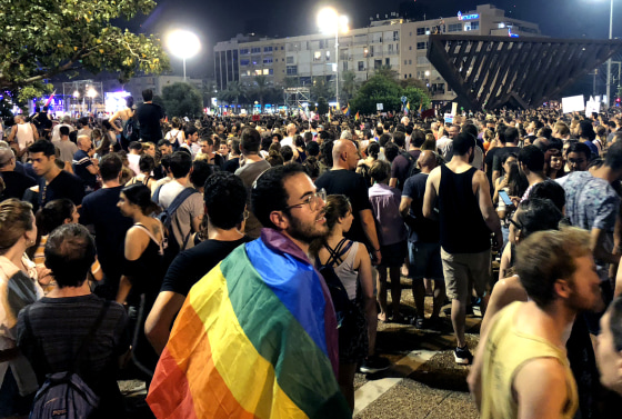 Image: Hen Mazzig at a rally for equal surrogacy rights in Tel Aviv on July 22, 2018.