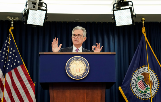 Image: Federal Reserve Chairman Jerome Powell holds a news conference following a two-day Federal Open Market Committee meeting in Washington