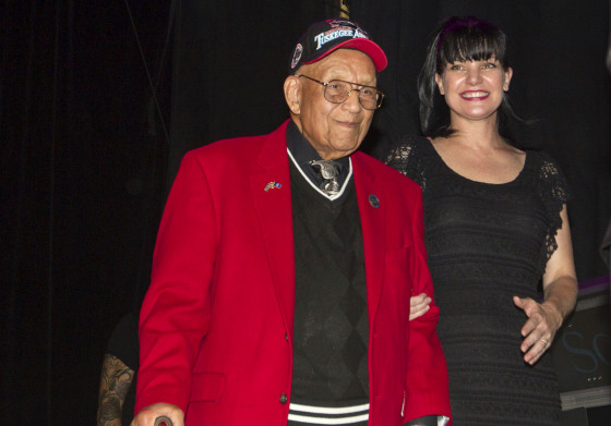 Image: Lt. Col. Bob Friend, a Tuskegee Airman, onstage at a benefit concert in Los Angeles in 2013.