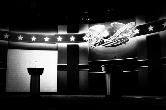 Image: Empty lecterns before the start of the first debate of the 2016 Presidential Election at Hofstra University in New York on Sept. 26, 2016.
