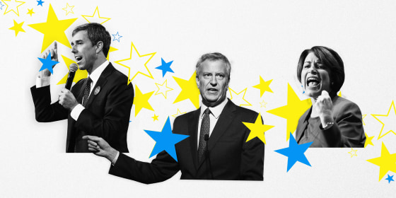 Photo illustration of Amy Klobuchar, Bill de Blasio, and Beto O'Rourke.