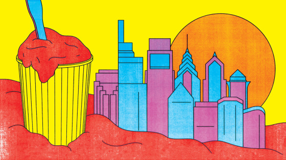 Illustration of water ice against a backdrop of the Philadelphia skyline.