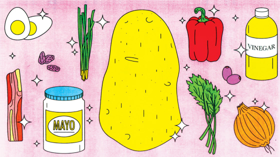 Illustration of ingredients to make different kinds of potato salad.