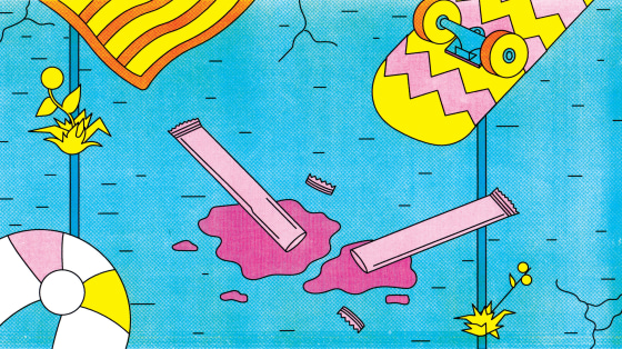 Illustration of ice pops open and melting on a summery sidewalk.