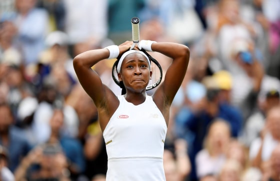 Image: Cori Gauff of the U.S. celebrates winning her first round match against Venus Williams