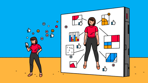 Illustration of woman looking at phone while a screen behind her interprets the data.