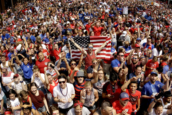 Image: Fans celebrate after the United States defeated the Netherlands in the FIFA Women's World Cup in Kansas City, Missouri, on July 7, 2019.