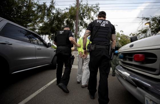 Image: U.S. Immigration and Customs Enforcement officers arrest a man during an operation in Escondido, California, on July 8, 2019.