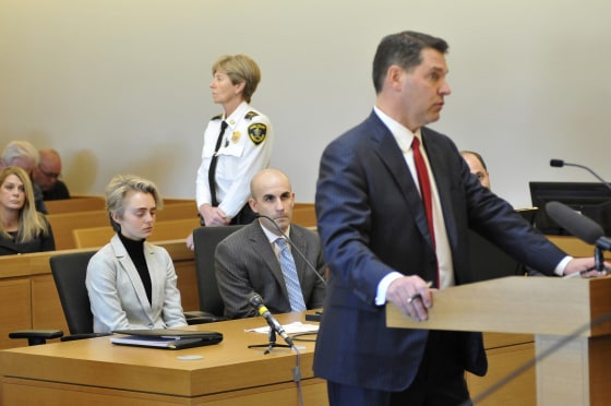 Michelle Carter appears in Taunton District Court in Taunton, Massachusetts on Feb. 11, 2019, for a hearing on her prison sentence as lawyer Joe Cataldo speaks at the podium.